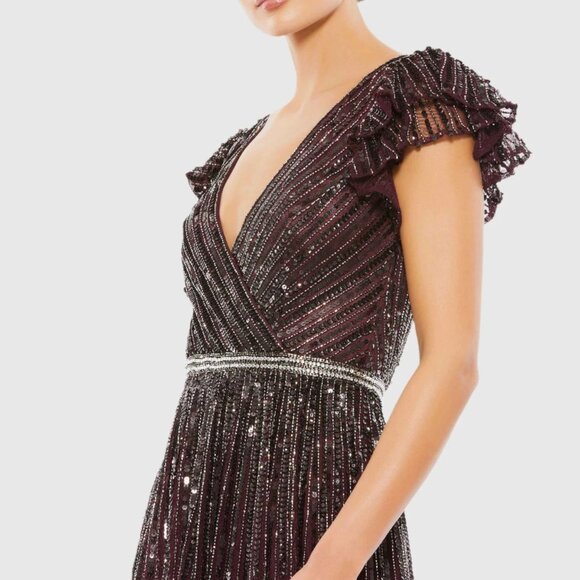 NWT | Mac Duggal 5502 Sequined Wrap Over Ruffled Cap Sleeve Gown Blackberry Sz 6 - Picture 3 of 9